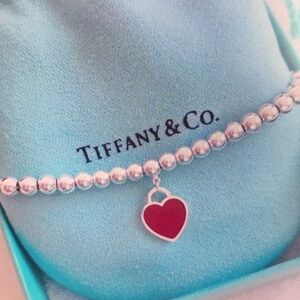 Tiffany & Co Silver Beaded Bracelet with Red Heart Charm